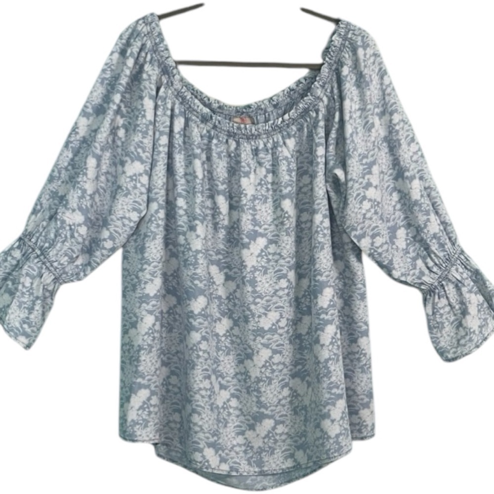 Laurie Felt Los Angeles top 1X boho style on/off shoulder elastic neckline blue